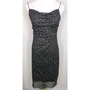 Vintage Y2K Black Sheer Whimsigoth Ethereal Silver Cowl Neck Midi Slip Dress Med